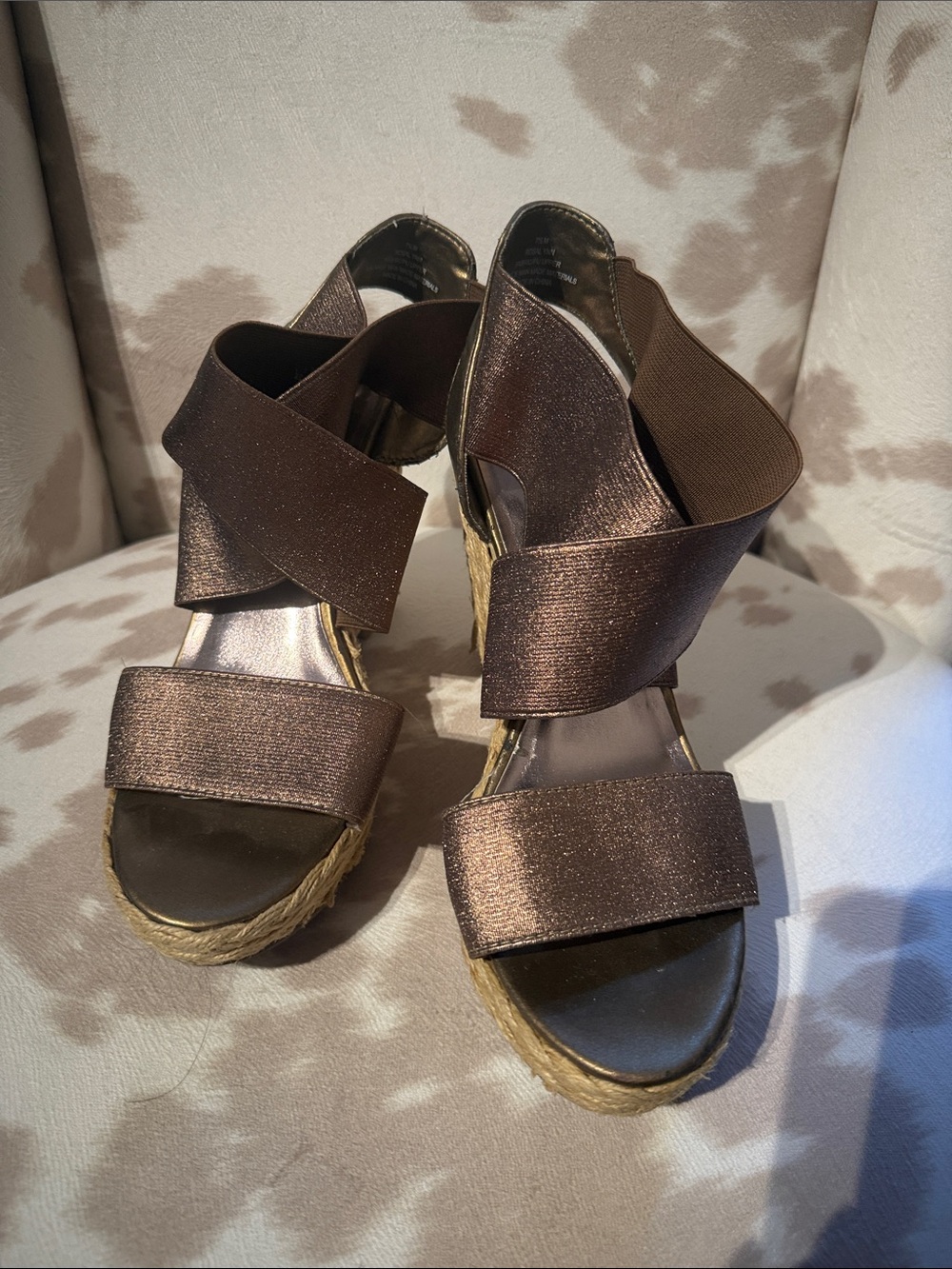 Madeline Metallic Brown Elastic Strap Wedge Sandals